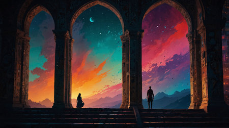 Fantasy landscape with a woman and a man in the ancient cityの素材