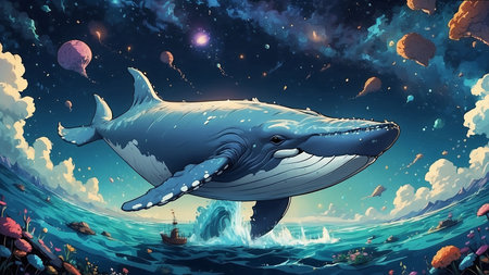 Cartoon whale swimming in the sea underwater scene - illustration for childrenの素材