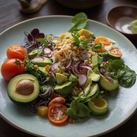 Avocado salad with tomato, onion and cucumber on white plateの素材