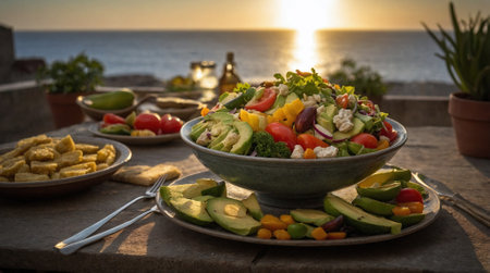 Greek salad with fresh vegetables and feta cheese in a bowl on the terrace against the background of the seaの素材