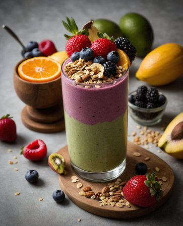 Healthy smoothie with berries and muesli in a glassの素材