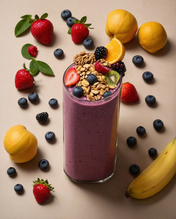 Healthy breakfast. Healthy smoothie with fresh berries, fruits and yogurt on brown backgroundの素材