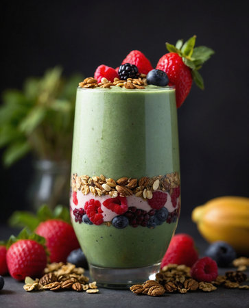 Green smoothie with chia seeds, fresh berries and granolaの素材
