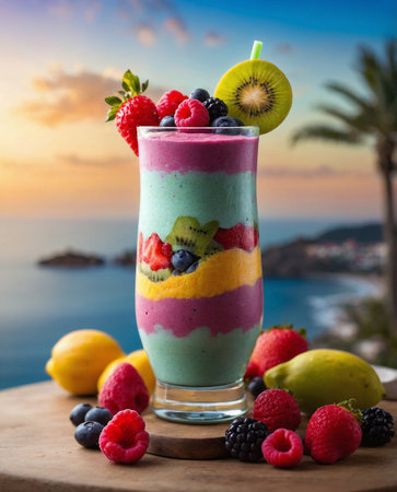 Tropical fruit smoothie in a glass on the background of the seaの素材