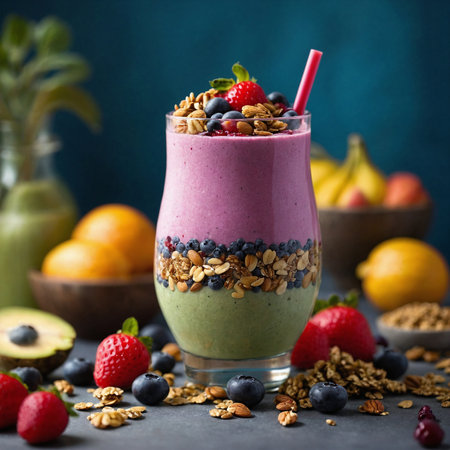 Healthy breakfast - smoothie with muesli, yogurt and berriesの素材