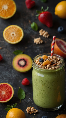 Healthy breakfast. Green smoothie with granola, kiwi, orange and berries on dark backgroundの素材