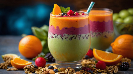 Healthy breakfast - smoothies with chia seeds and fresh fruitsの素材