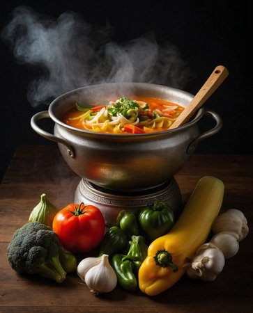 Vegetable soup with noodles and vegetables on a wooden table.の素材