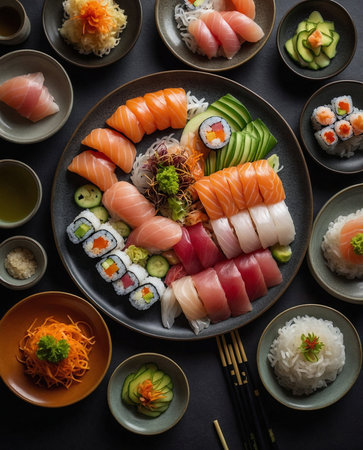 Japanese food Sushi and Nigiri Sushi Set over black backgroundの素材