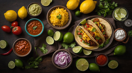 Traditional mexican tacos with beef and vegetables on wooden background. Top viewの素材