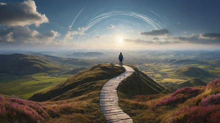 Man standing on top of a mountain and looking at the sunrise.の素材