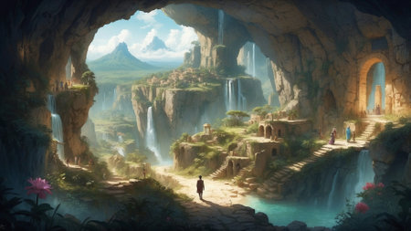 Fantasy landscape with a waterfall in the cave,3d illustrationの素材