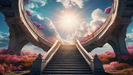 Stairway to heaven with clouds and sun. 3d renderingの素材