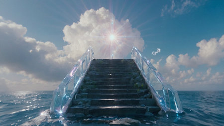 staircase in the sea with sun ray. 3d renderの素材