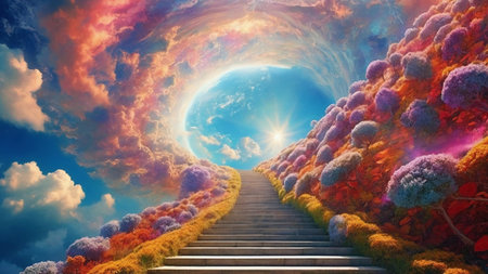 Mystical landscape with stairs to the full moon. 3D renderingの素材