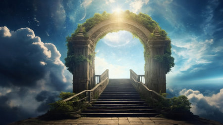 Conceptual image with stairs leading up to heaven. 3D renderingの素材