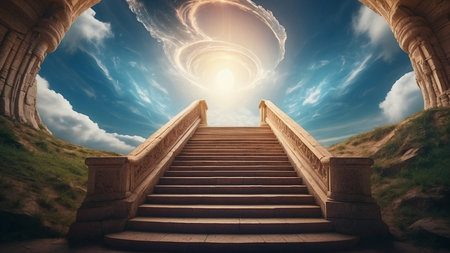 Staircase leading to heaven. 3D Rendering. Conceptual image.の素材