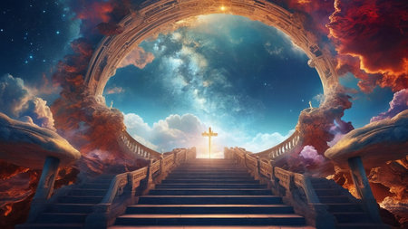 Mystical scene with stairs leading to heaven, 3D renderingの素材