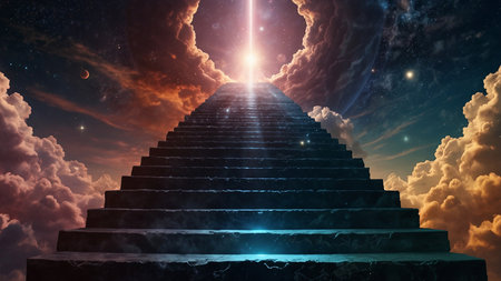 Stairway to heaven with light beam and clouds 3D renderingの素材