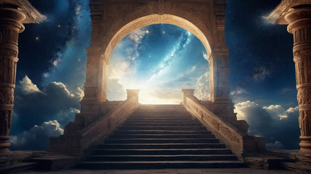 Staircase leading to heaven. 3D rendering. Elements of this image furnished by NASAの素材