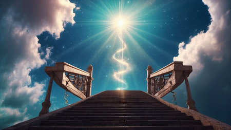 Stairway to heaven with a shining sun. 3d renderの素材