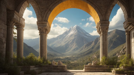 Beautiful view of the mountains and the ruins of the ancient fortressの素材