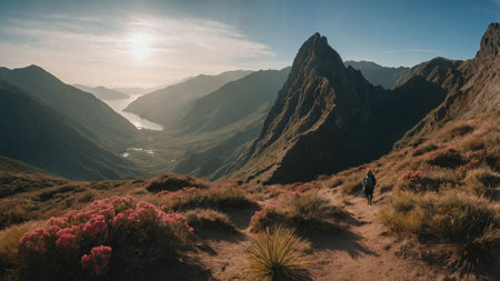 Man hiking in the mountains at sunset. Panoramic view.の素材