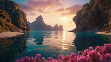 Beautiful seascape with pink azalea flowers at sunsetの素材