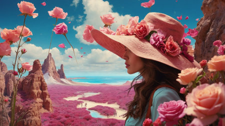 Beautiful woman wearing a big hat with pink flowers in the amazing landscape, Fantasy sceneの素材