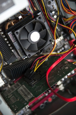 CPU cooler on the computer motherboard. Close up view.の写真素材