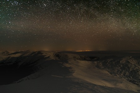 Amazing Panoramic Landscape view of a Milky Way at night sky, with grain