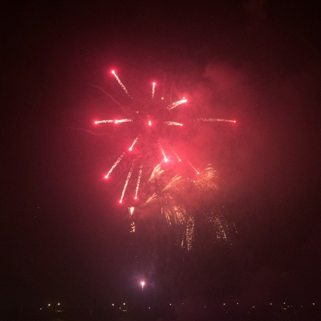 Fireworks on New Years Eve over ships on the Vltava River in Pragueの写真素材
