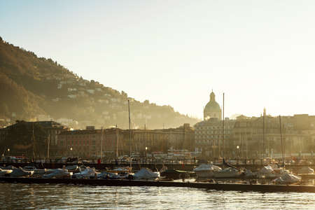 Evening Fabulous colorfull sunset on the lake of como italy, Lago di Comoの写真素材