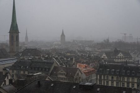 Zurich, Switzerland - January 28.2017:top view of the city during the snowfall