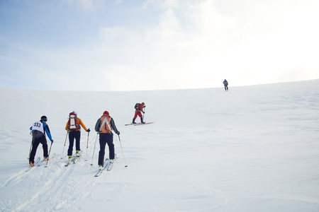Skitouring group with mountain views in winterの写真素材