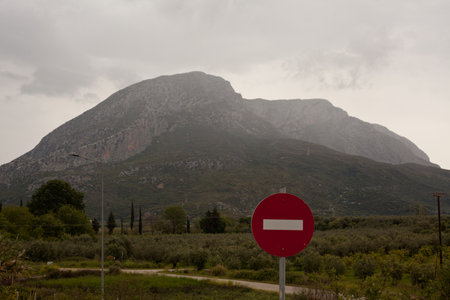 Traffic sign on the road in the mountains of Montenegro.の写真素材