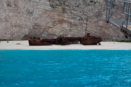Shipwreck on the beach in Zakynthos island, Greeceの写真素材