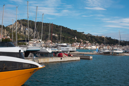 Boats and yachts moored in the port of Vila Nova de Gaia, Portugalの写真素材