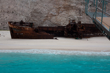 Abandoned ship wreck on the beach of the island of Zakynthosの写真素材