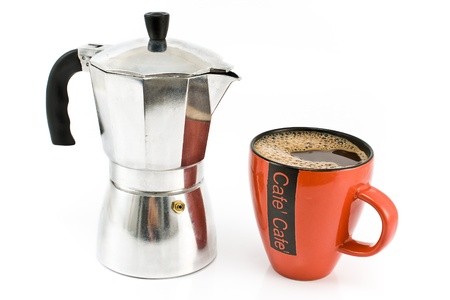 Espresso maker with cup of coffee isolated on whiteの写真素材