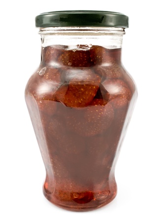 Strawberry jam in jar isolated on whiteの写真素材