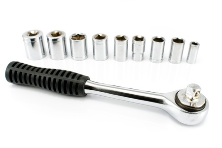 Spanner wrench tool with socket set isolated on white  