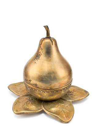 Antique brass pear-shaped pot isolated on whiteの写真素材