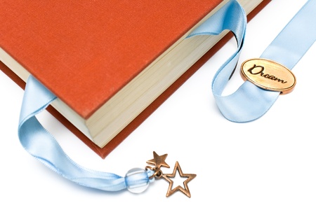 Bookmark in a book isolated on whiteの写真素材