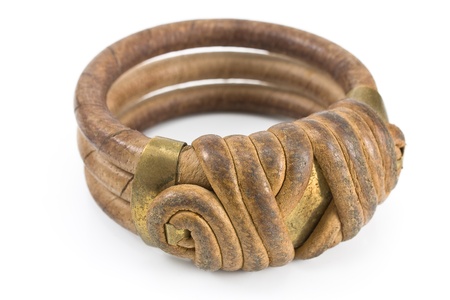 Wooden bracelet with leather isolated on whiteの写真素材