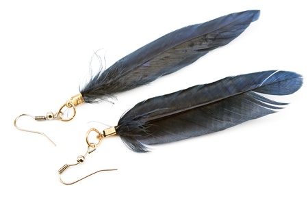 Blue women's earrings with feathers isolated on white