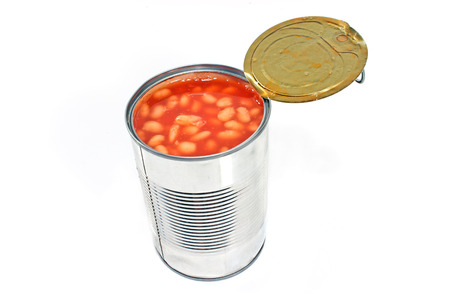 Open tin can of beans isolated on whiteの写真素材