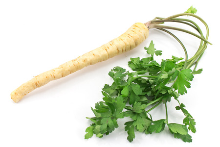 Fresh parsley with root and leaf on whiteの写真素材