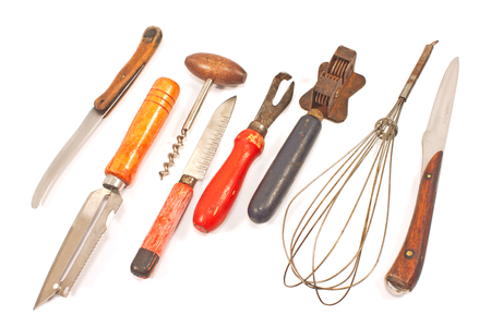 Set of vintage kitchen utensils isolated on whiteの写真素材
