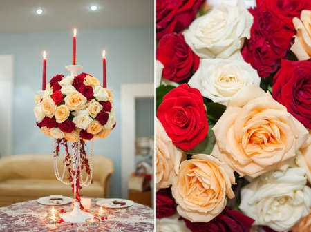 Flower composition with candles for an romantic evening or wedding receptionの写真素材